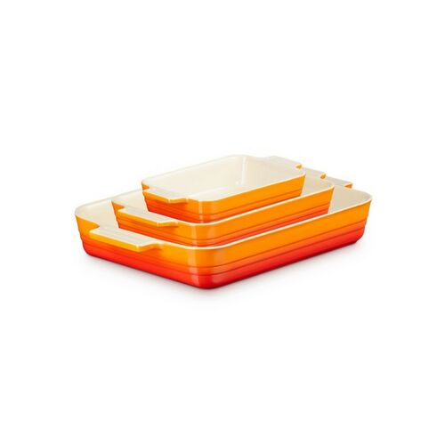 Le Creuset aardewerken rechthoekige ovenschalen classic - set 3 stuks - oranjerood