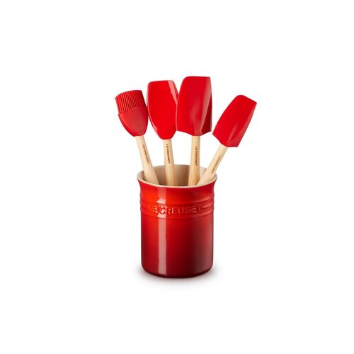 Le Creuset aardewerken spatelpot met 4 premium spatels - kersenrood