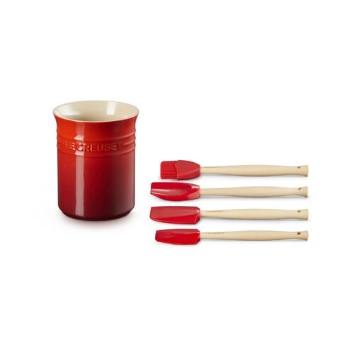 Le Creuset aardewerken spatelpot met 4 premium spatels - kersenrood