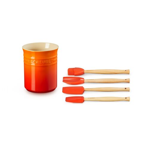 Le Creuset aardewerken spatelpot met 4 premium spatels - oranjerood