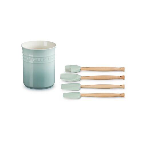 Le Creuset aardewerken spatelpot met 4 premium spatels - sea salt
