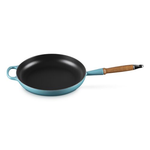 Le Creuset gietijzeren Signature koekenpan met houten handvat - 28 cm / 2.6 liter - caribbean blue